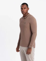 OMBRE Strukturiertes Herren-Polo-Longsleeve mit Patch Beige/Khaki/Braun/Grau
