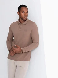 OMBRE Strukturiertes Herren-Polo-Longsleeve mit Patch Beige/Khaki/Braun/Grau