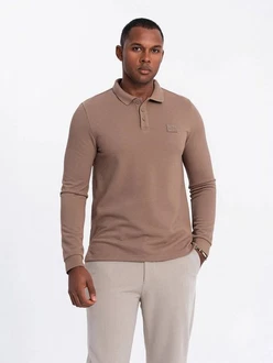 OMBRE Strukturiertes Herren-Polo-Longsleeve mit Patch Beige/Khaki/Braun/Grau