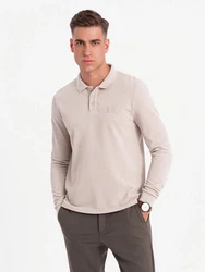 OMBRE Strukturiertes Herren-Polo-Longsleeve mit Patch Khaki/Beige/Braun