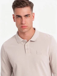 OMBRE Strukturiertes Herren-Polo-Longsleeve mit Patch Khaki/Beige/Braun