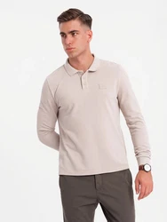 OMBRE Strukturiertes Herren-Polo-Longsleeve mit Patch Khaki/Beige/Braun