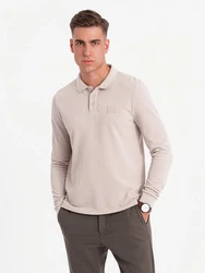 OMBRE Strukturiertes Herren-Polo-Longsleeve mit Patch Khaki/Beige/Braun