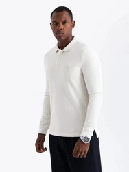 OMBRE Strukturiertes Herren-Polo-Longsleeve mit Patch Weiß/Khaki/Creme/Beige
