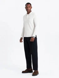OMBRE Strukturiertes Herren-Polo-Longsleeve mit Patch Weiß/Khaki/Creme/Beige