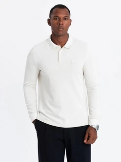 OMBRE Strukturiertes Herren-Polo-Longsleeve mit Patch Weiß/Khaki/Creme/Beige