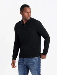 OMBRE Strukturiertes Herren-Polo-Longsleeve mit Patch Schwarz/Rot