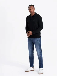 OMBRE Strukturiertes Herren-Polo-Longsleeve mit Patch Schwarz/Rot