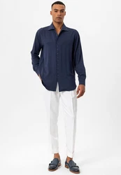 Antioch Blusenshirt Marino Open Collar Relax Fit Long Sleeve Dunkelblau/Blau