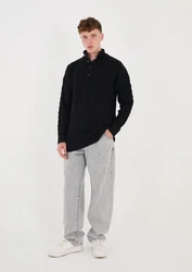 Denim Distriqt Strickpullover Herren Strick Pullover in Loose Fit mit Zopfmuster Schwarz