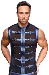 Kurzarmshirt Glnzendes Shirt mit Reiverschluss - metallic blau (1-tlg) Metallic-Mattlook mit nietenbesetzten Riemen