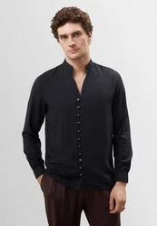 Antioch Blusenshirt Standing Collar Shirt Schwarz/Hellblau