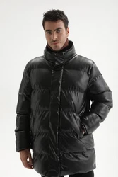 Antioch Winterjacke Faux Leather Long Puffer Jacket Schwarz/Dunkelgrün