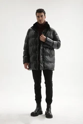 Antioch Winterjacke Faux Leather Long Puffer Jacket Schwarz/Dunkelgrün