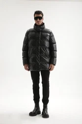 Antioch Winterjacke Faux Leather Long Puffer Jacket Schwarz/Dunkelgrün