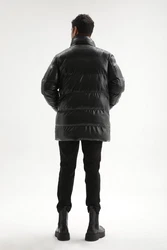 Antioch Winterjacke Faux Leather Long Puffer Jacket Schwarz/Dunkelgrün