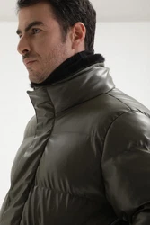 Antioch Winterjacke Faux Leather Long Puffer Jacket Dunkelgrün/Khaki