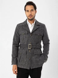 Wintermantel Herringbone Patterned Coat Belt Detailed