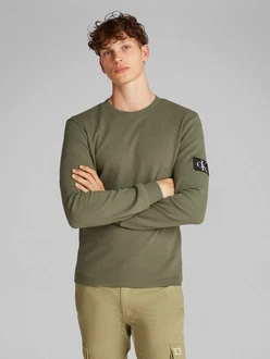 Calvin Klein Jeans Langarmshirt Badge Waffle LS Tee Dunkelgrün/Khaki