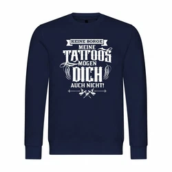 deinshirt Rundhalspullover Herren Pullover Keine Sorge meine Tattoos mögen dich auch nicht Mit Print Motiv, Grafik Dunkelblau