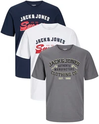 Jack & Jones Print-Shirt (Spar Set, 3er-Pack) Hellblau/Dunkelblau/Silber/Blau/Grau/Schwarz