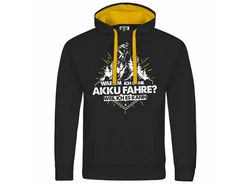 deinshirt Kapuzenpullover Warum ich ohne Akku fahre - weil ich es kann Gold/Gelb/Blau