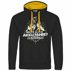 deinshirt Kapuzenpullover Warum ich ohne Akku fahre - weil ich es kann Gold/Gelb/Blau