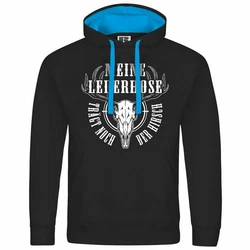 deinshirt Kapuzenpullover Herren Meine Lederhose trägt noch der Hirsch Mit Print Motiv Schwarz/Dunkelblau/Blau/Hellblau