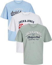 Jack & Jones Print-Shirt (Spar Set, 3er-Pack) Blau/Dunkelgrün/Hellblau/Hellgrün/Grau