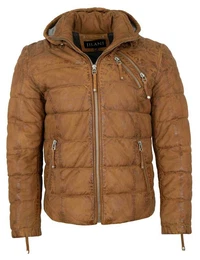 Lederjacke Ricko - Herren Lederjacke Steppjacke Kapuze Lammnubuk cognac
