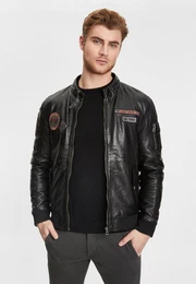 Lederjacke GMSkythunder Gipsy - Herren Lederjacke Pilotenjacke Kapuze Lammnappa schwarz