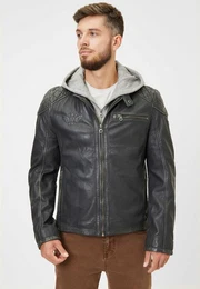 Lederjacke GMDerril - Herren Lederjacke Kapuze Lammnappa vintage black