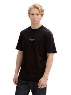 TOM TAILOR Denim T-Shirt mit Marken-Frontprint Schwarz/Beige