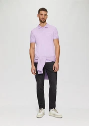 s.Oliver Kurzarmshirt Poloshirt aus Baumwollpiqué Logo Lila