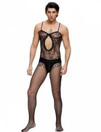 Lange Unterhose Trger Catsuit Bodystocking Netz Spitze Transparenz Dessous Gay S/M/L