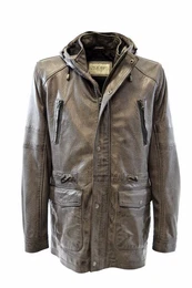 Lederjacke Duffelcoat Pit mit fester Kapuze, Mantel, Parka, Grau, Leder