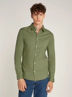 Tommy Jeans Herren Original Stretch Langarm Slim Fit Freizeithemd Dunkelgrün/Grün/Khaki