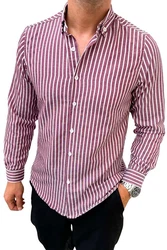 OSSY HOMER Streifenhemd Herrenhemd Slim Fit Dunkelrot/Bordeaux/Rot/Rosa