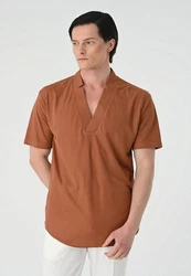 Antioch Blusenshirt High Collar Short Sleeve Shirt Orange/Braun