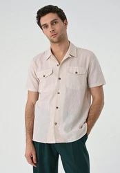 Antioch Blusenshirt Lapel Collar Short Sleeve Beige/Khaki/Weiß