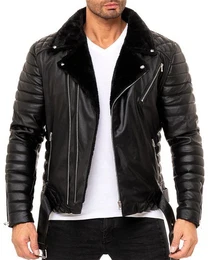 Bikerjacke Herren Kunstleder Jacke RS008 Schwarz mit Silver Zippern L gefttert mit Steppmustern
