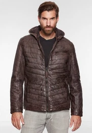 Lederjacke Simon-2 #KJ - Herren Lederjacke Steppjacke Kapuze Lammnubuk dunkelbraun