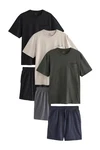 Next Pyjama-Set im 3er-Pack Beige/Khaki/Dunkelgrün/Dunkelblau/Grau