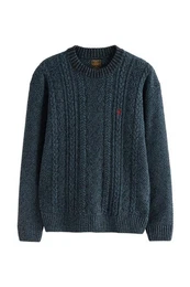 Rundhalspullover Regular Fit Zopfstrickpullover Hirsch-Stickerei (1-tlg)