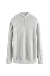 Next Strickpullover Regular Fit Signature Strukturierter Troyer Grau/Hellgrau