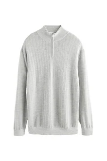 Next Strickpullover Regular Fit Signature Strukturierter Troyer Grau/Hellgrau