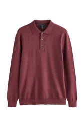 Next Langarm-Poloshirt Slim Fit Dunkelrot/Rot/Bordeaux/Braun