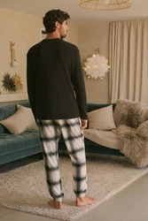 Next Pyjama Strukturierter Schlafanzug mit langem Arm Schwarz/Creme/Grün/Gelb/Braun
