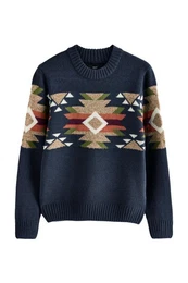 Rundhalspullover Regular Fit Rundhalspullover im Navajo-Stil Wolle (1-tlg)