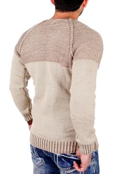 Reslad Strickpullover Herren Two Tone Rundhals Pullover RS-16081 Beige/Braun/Khaki/Orange